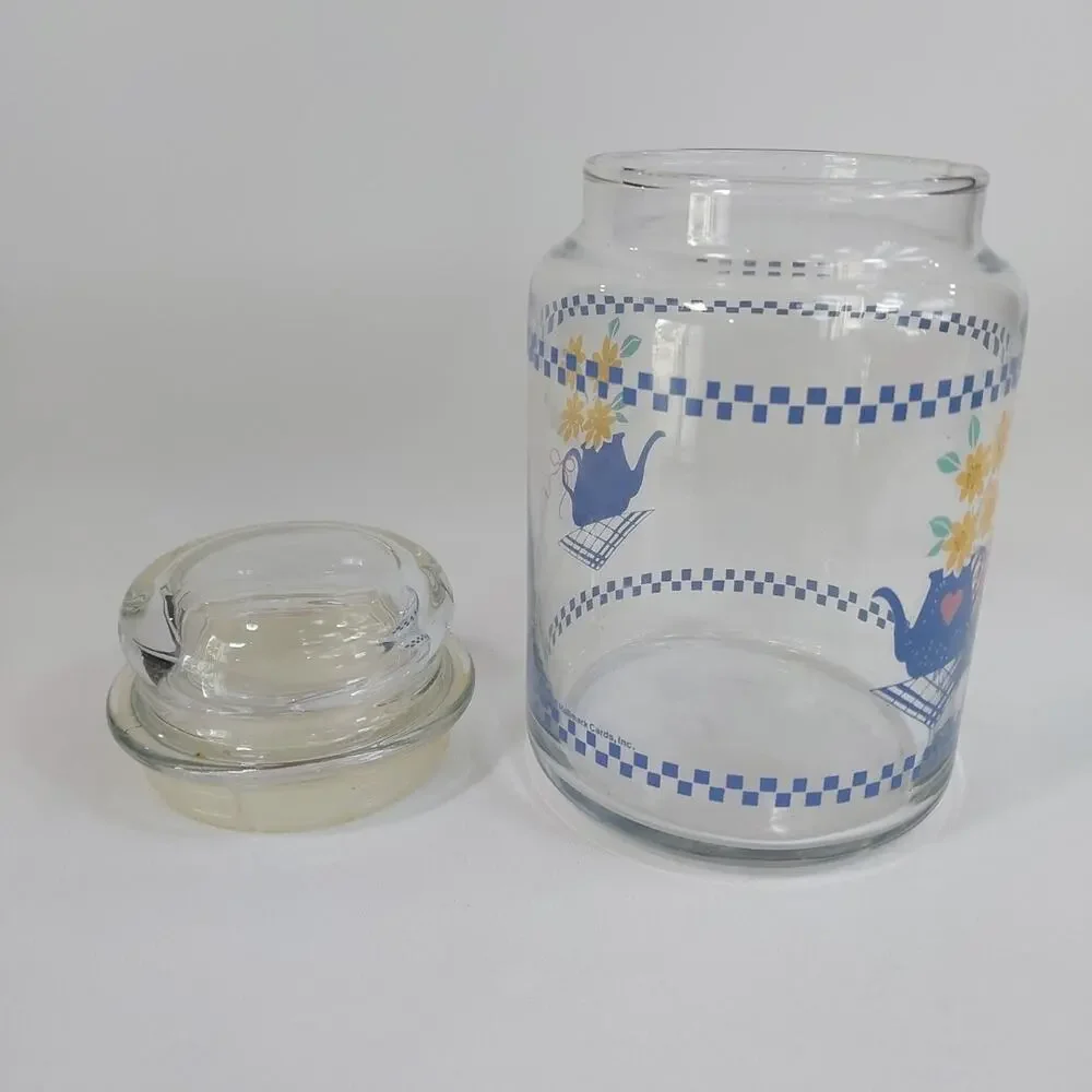 Vintage Hallmark 1986 Glass Cannister Blue‎ Teapot Pink Heart Yellow Daisy